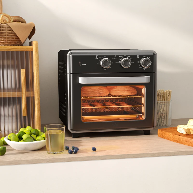 HOMCOM Minibackofen, 20L, 5 Funktionen, 360° Heißluft, Grillrost, Krümelblech, Schwarz(m-9)