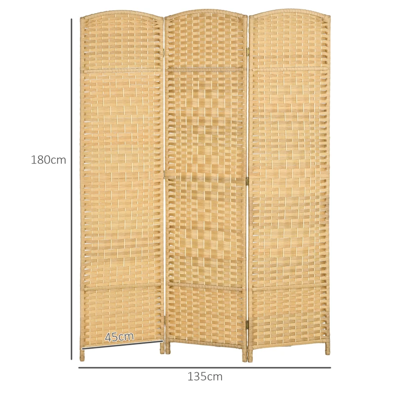 HOMCOM Paravan Interior Pliabil cu 3 Panouri Împletit din PP și Lemn de Pin, 135x1,7x180 cm, Lemn Natural