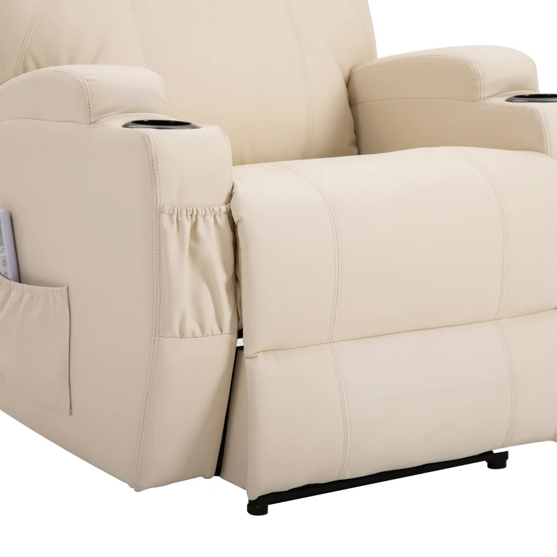 HOMCOM Fernsehsessel Elektrisch Relaxsessel mit Liegefunktion Aufstehhilfe Massage Massagesessel mit verstellbar Rückenlehne Seitentasche Getränkehalter TV Sessel bis 160kg für Wohnzimmer Cremeweiß