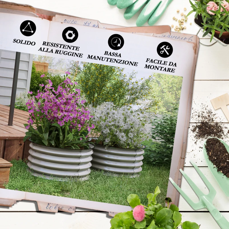 Outsunny Set di 2 Letti per Orto Rialzati in Acciaio Galvanizzato con Fondo Aperto, Ø60x30cm, Argento