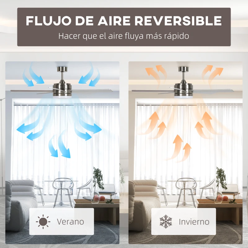 HOMCOM Ventilador de Techo con Luz LED 46W Ventilador de Techo Silencioso Ø132 cm con 5 Aspas Reversibles Control Remoto Haya