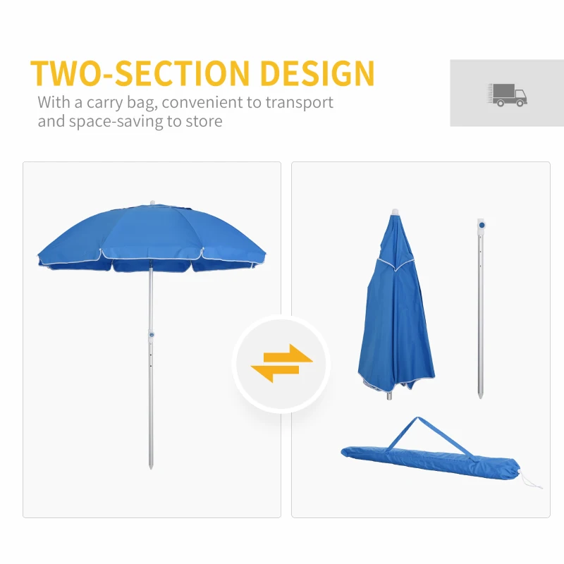 Outsunny 2m Arced Beach Umbrella, Portable Parasol with Tilt and Adjustable Height, Carry Bag, Outdoor Sunshade Shelter with 8 Fibreglass Ribs, Blue