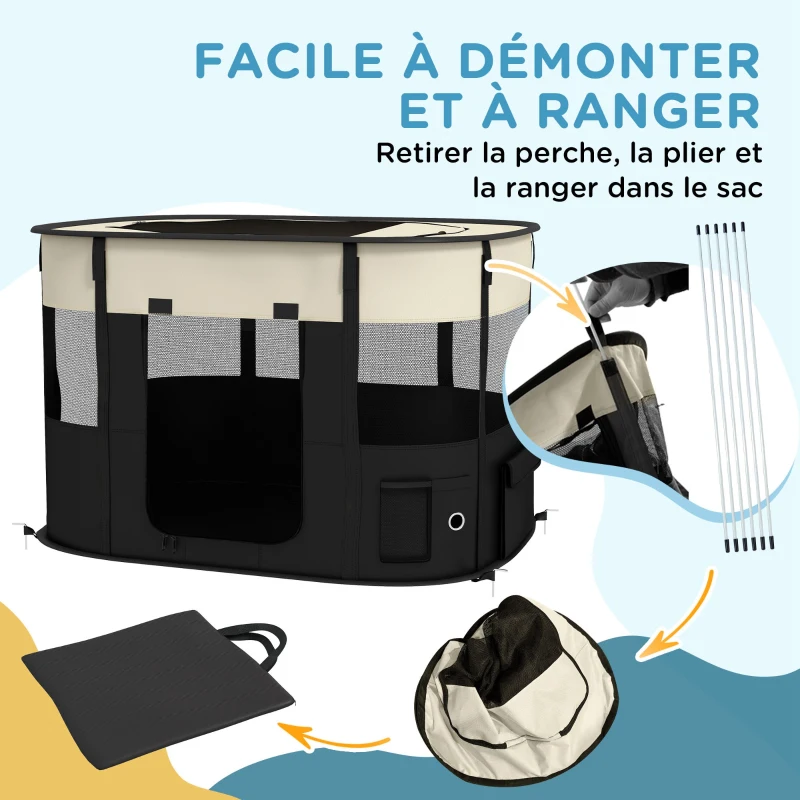 PawHut Parc enclos pliable pour chien chat petits animaux en tissu Oxford avec rangement 94 x 74 x 60 cm blanc crème et noir