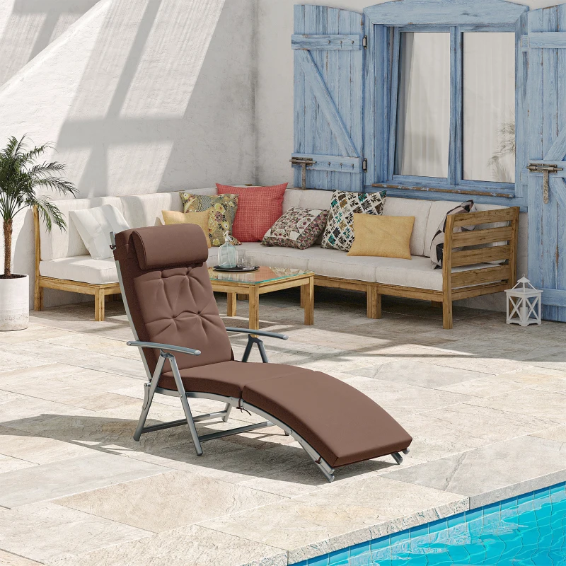 Outsunny Sun Lounger Steel Frame Outdoor Folding Chaise Texteline Lounge Chair Recliner with Headrest & 7 Levels Adjustable Backrest, Brown