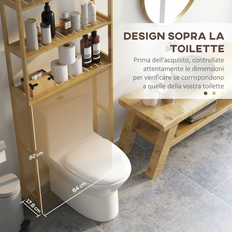 kleankin Mobile Sopra WC Salvaspazio a 3 Ripiani Aperti a Doghe, in Bambù, 68x20x165 cm, color Bambù