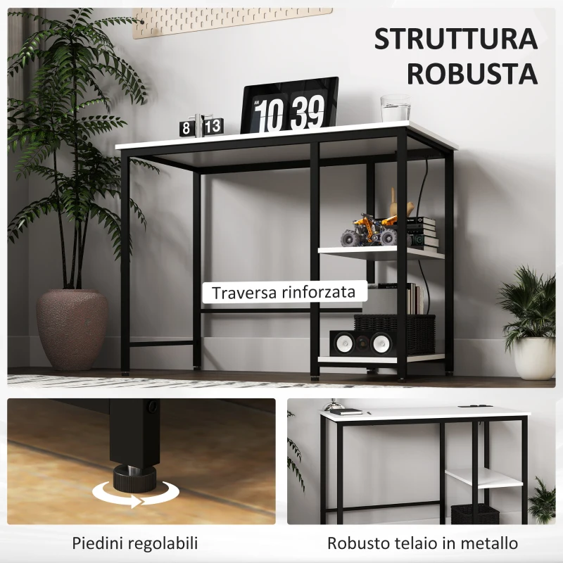 HOMCOM Scrivania con Scaffale a 2 Livelli e Prese di Ricarica, in Legno e Metallo, 100x50x75 cm, Bianca e Nera