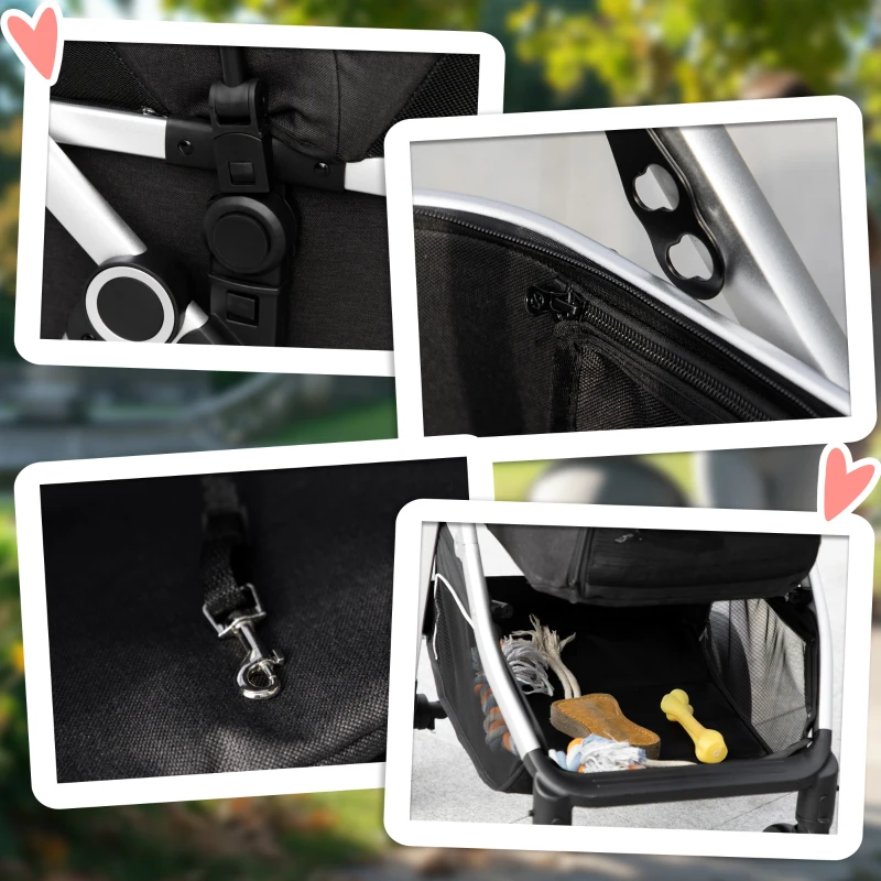 PawHut 3 in 1 One-Click Foldable Pet Stroller, Detachable Dog Cat Travel Pushchair, Car Seat w/ EVA Wheels, Basket, Adjustable Canopy, Safety Leash, Cushion, for Small Pets - Black