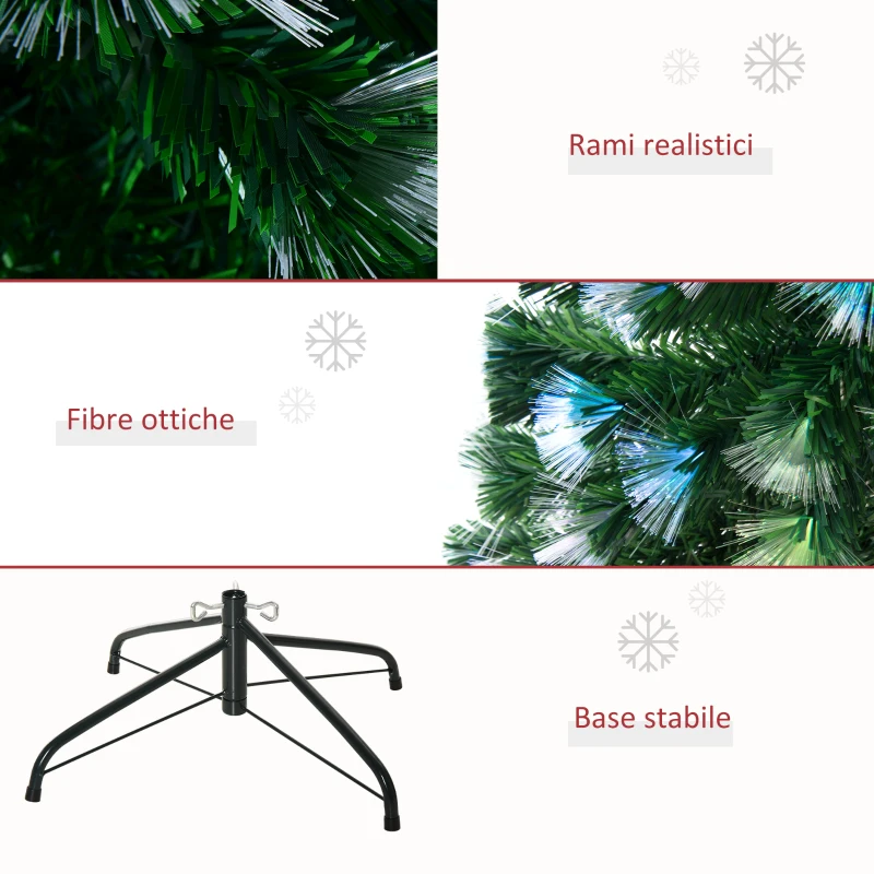 HOMCOM Albero di Natale 180cm con 230 Luci a LED e Fibre Ottiche Colorate, 230 Rami in PVC Ignifughi e Base in Metallo