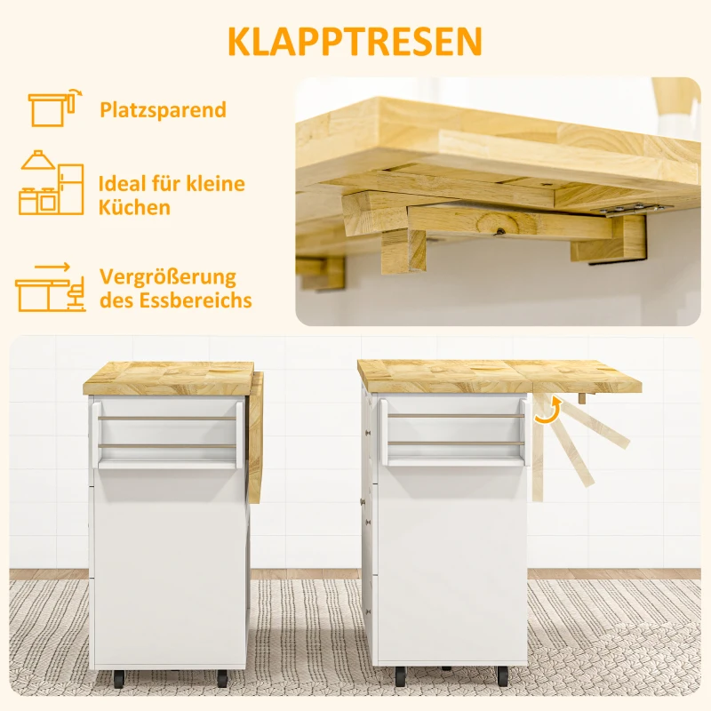 HOMCOM Küchenwagen, Kücheninsel mit erweiterbarer Arbeitsplatte, Servierwagen, Küchenschrank mit Rollen, Schublade und verstellbares Regal, Gummiholz, MDF, Weiß+Natur, 111,5 x 45-75 x 89 cm