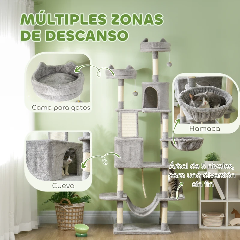 PawHut Árbol Rascador para Gatos Grande Altura 206 cm con Múltiples Niveles Cuevas Bolas Colgantes y Hamacas Gris