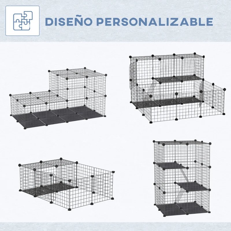 PawHut Jaula para Animales Pequeños de 3 Niveles con Rampas y Forma Personalizable para Cobayas Conejos 70x70x105 cm Negro