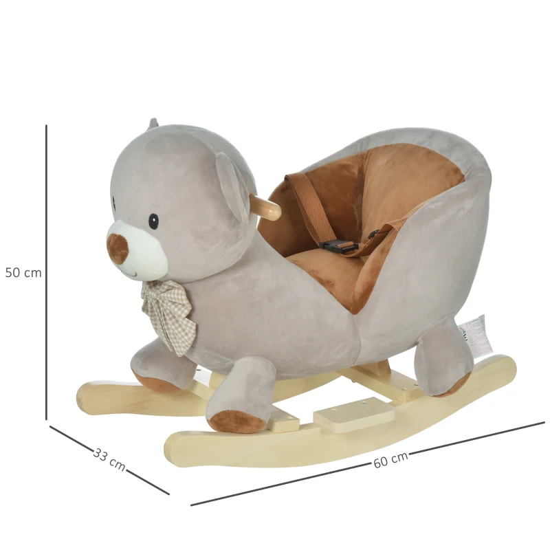 HOMCOM Caballito Balancín Infantil en Forma de Osito de Felpa para Bebés 18-36 Meses con Sonido y Cinturón 60x33x50 cm Gris