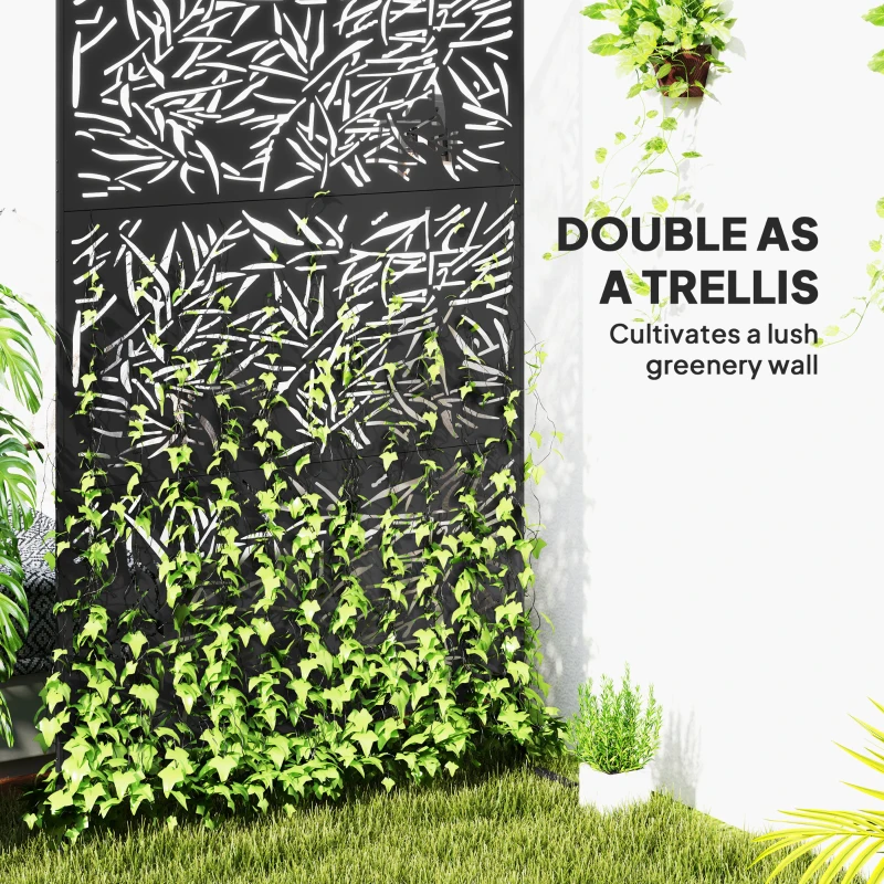 Outsunny Decorative Garden Privacy Screen with Stand, 6.5FT Freestanding Metal Outdoor Divider, Decorative Privacy Panel with Expansion Screws for Garden Pool Hot Tub, Bamboo Style, Black