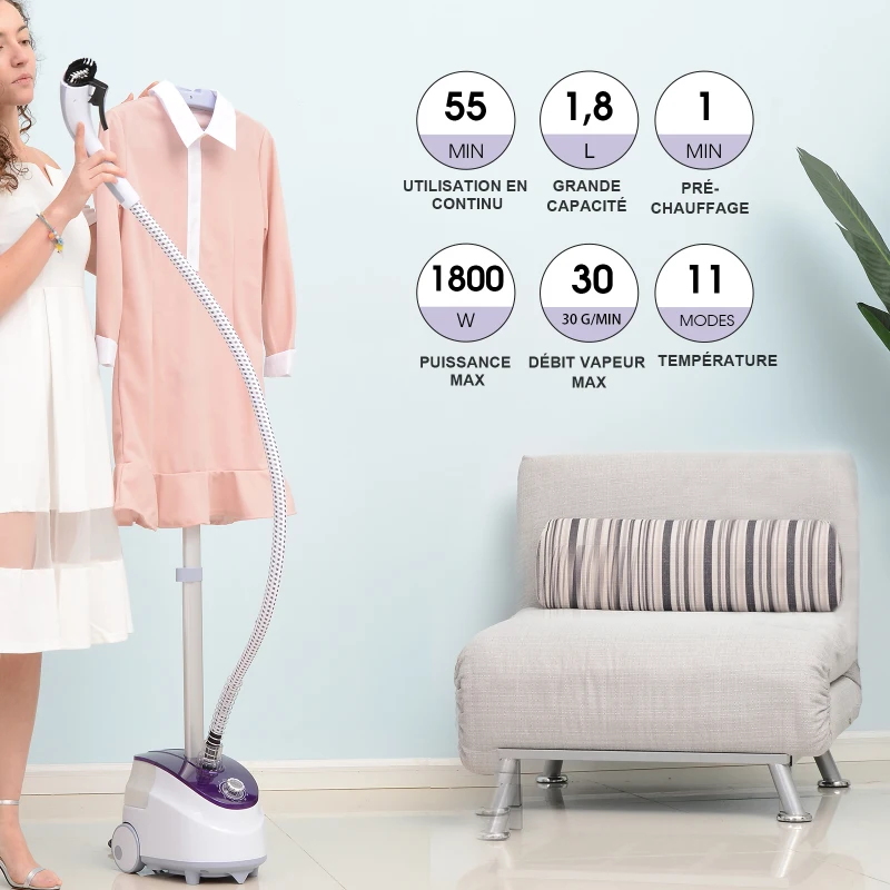 HOMCOM Défroisseur vapeur vertical défroisseur à vêtements 1,8 L 1800 W débit vapeur 30g/min tige telescopique blanc violet