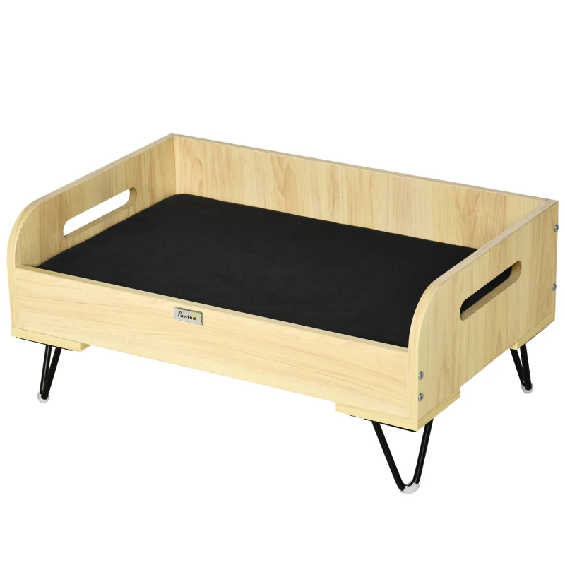 PawHut Cama de Madera para Perros Gatos Cama Cesta para Mascotas Pequeñas con Cojín Acolchado Asas y Patas de Acero 70x45x32 cm Roble y Negro