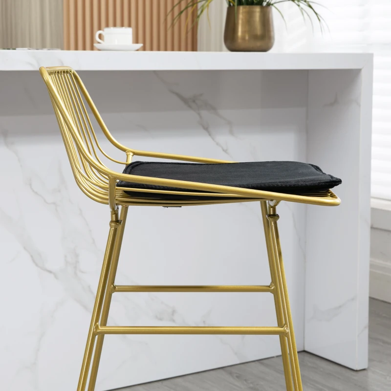 HOMCOM Lot de 2 chaises de bar design acier filaire doré avec coussin noir repose-pieds convient pour tables de 104-109 cm