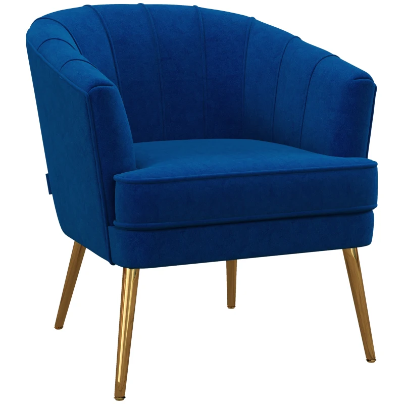 HOMCOM Fauteuil en velours chaise salon avec pieds acier doré fauteuil relax de salon arrondi 71 x 72 x 75 cm bleu