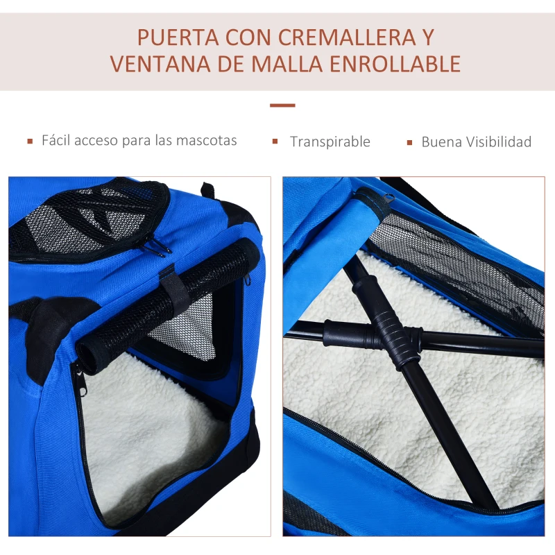 PawHut Transportín para Perros y Gatos Bolsa de Transporte para Mascotas Plegable con Cojín y Ventanas de Malla 60x42x42cm Azul