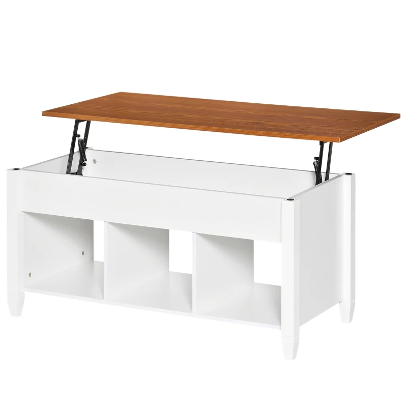 HOMCOM Mesa de Centro Elevable Mesa de Café con 3 Compartimentos Abiertos Mesa Rectangular Moderna para Salón Comedor 105x50x48-61,5 cm Blanco y Marrón