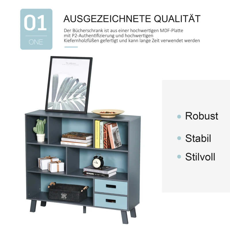 HOMCOM Bücherregal, Standregal , Aufbewahrungregal, Bücherschrank mit 2 Schubladen, MDF, Blau, 105 x 30 x 96 cm