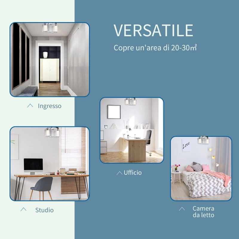 HOMCOM Lampadario a Incasso con 2 Paralumi a Mezzaluna in Metallo Argento e 2 Paralumi in Vetro Bianco, Φ35 x 25cm