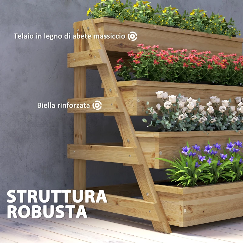 Outsunny Fioriera Rialzata a 4 Livelli con Fori di Drenaggio e Tessuto non Tessuto, in Legno di Abete, 75x57x60.5 cm