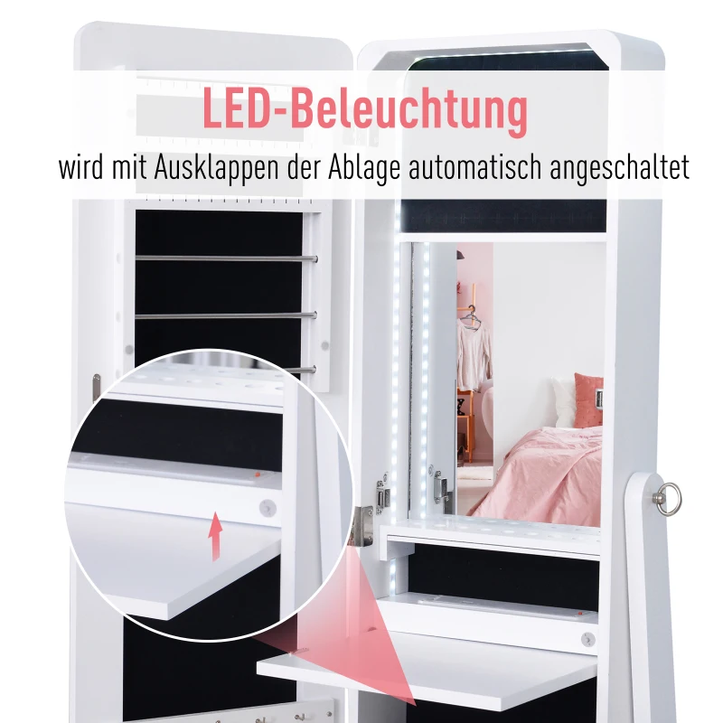 HOMCOM LED Schmuckschrank mit Innenspiegel Spiegelschrank klappbare Ablage Standspiegel verstellbar Weiß 146 cm hoch