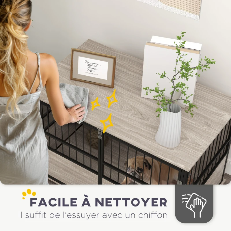 PawHut Cage pour chien intérieur, table d'appoint, 100 x 60 x 68 cm, niche, 3 portes verrouillables,  aspect bois noir