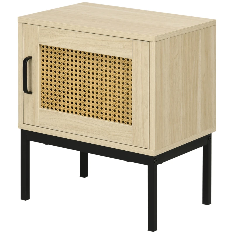 HOMCOM Mesita de Noche con Puerta de Ratán Mesilla de Noche Estilo Boho con Patas de Metal para Dormitorio 43x30x51 cm Roble