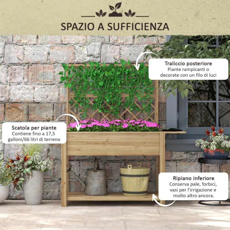 Outsunny Fioriera con Grigliato e Ripiani Laterali e Inferiore, in Legno di Abete, 140x45x151 cm