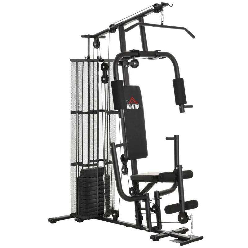 HOMCOM Station de musculation entrainement complet développé couché butterfly barre latissimus curler bande résistance 10 contrepoids 45 kg avec filet de protection acier noir(m-10)