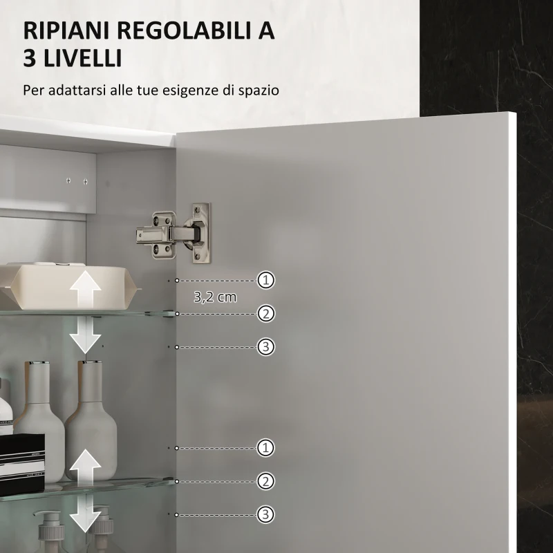 HOMCOM Armadietto Bagno da Parete in Legno con 3 Ripiani Regolabili in Vetro su 3 Livelli, 40x15x55 cm, Bianco