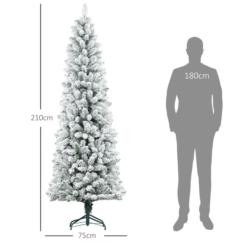 HOMCOM Künstlicher Weihnachtsbaum, flammenhemmend, mit Kunstschnee, schlank, Stahlfuß, 75 x 210 cm, Grün