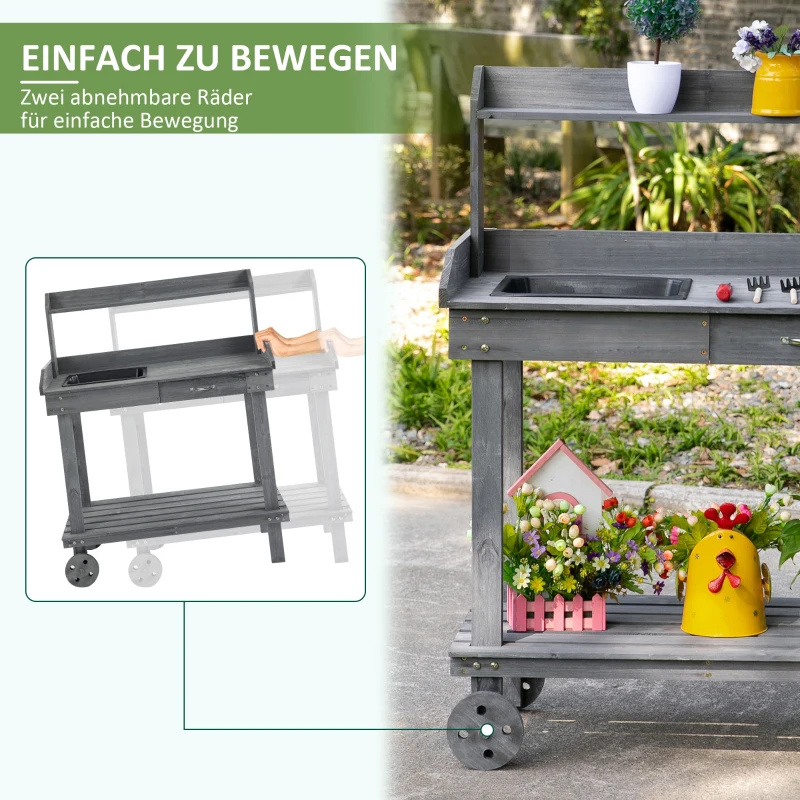 Outsunny Pflanztisch mit Schublade 2 Stufen Gärtnertisch mit waschbecken und Rollen Garten Tannenholz Grau 92 x 45 x 119 cm