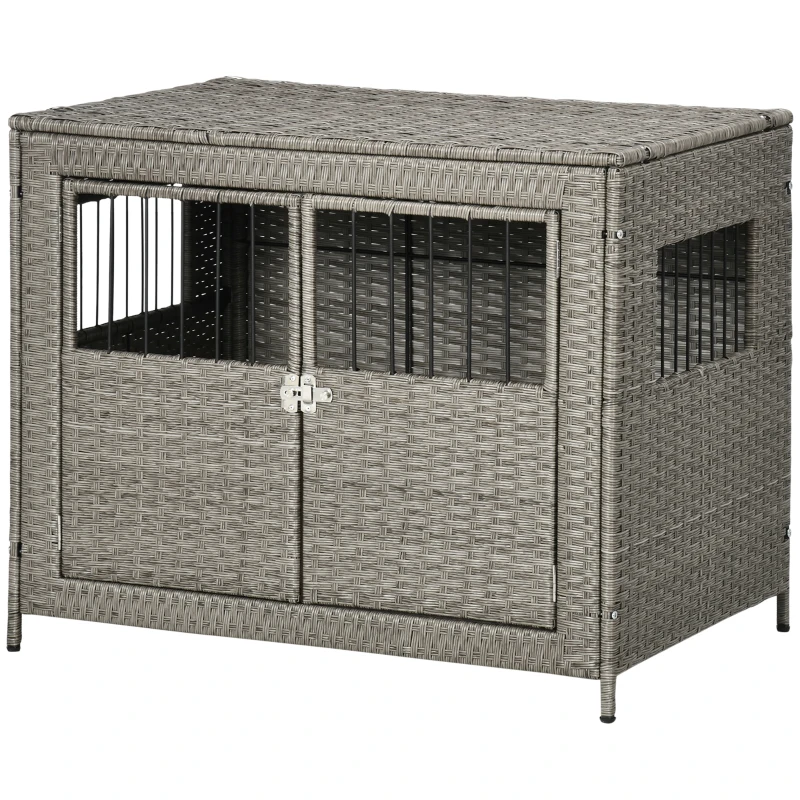 PawHut Wicker Dog Cage, Dog Crate with Lockable Door and Soft Washable Cushion for Medium to Large Sized Dogs, 85 x 61 x 70 cm, Grey