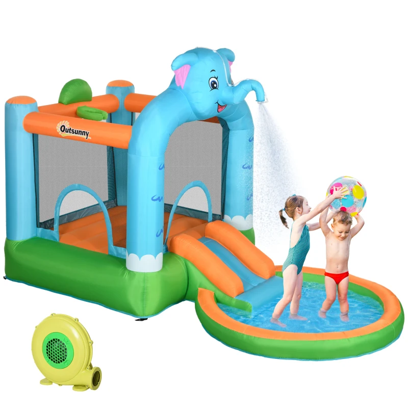 Outsunny 4 in 1 Elephant-Themed Inflatable Water Park, Kids Bouncy Castle, for Ages 3-8 Years - Multicoloured