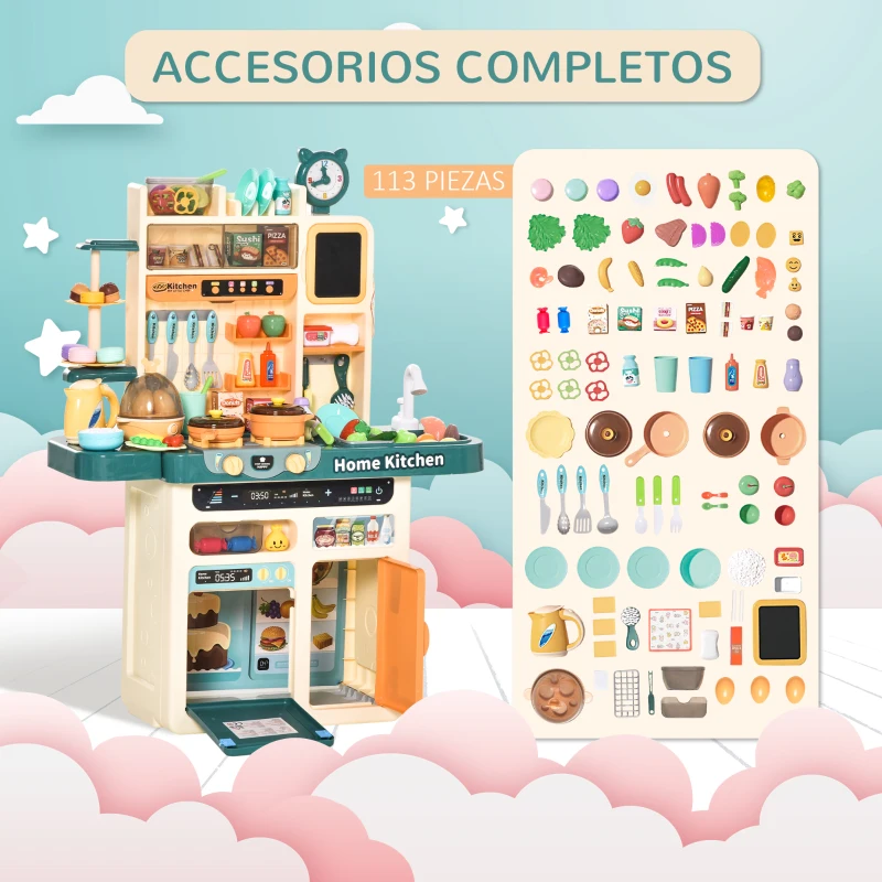 HOMCOM Cocina de Juguete para Niños de +3 Años con 113 Accesorios Luz Sonidos Agua Vapor Pizarra Fregadero Incluidos Cocinita Infantil Educativa 70x32x92,2 cm Multicolor