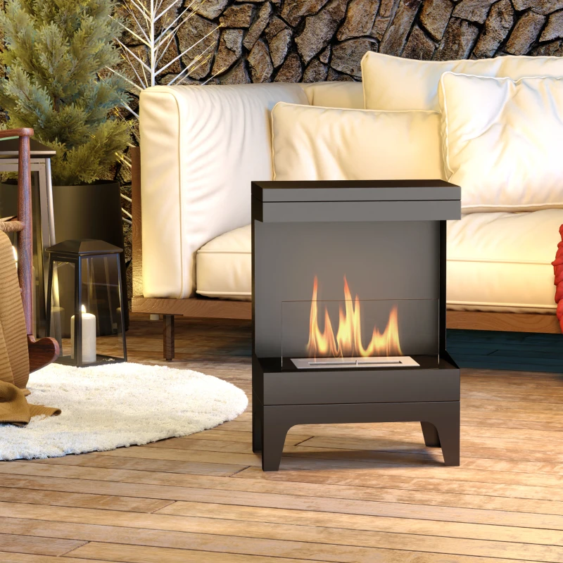 HOMCOM Estufa de Bioetanol de Pie con Tanque de 0,9 L Apagallamas de Acero Inoxidable Tiempo de Combustión 3,3H Negro