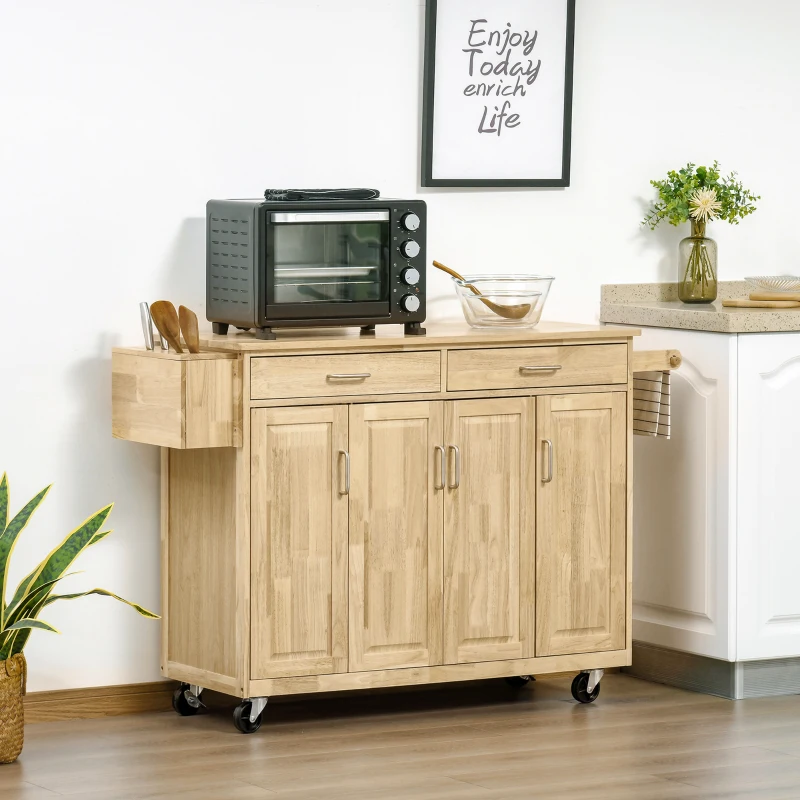 HOMCOM Carrello da Cucina in Legno con Cassetto, Armadietto e Ruote, 136x47x91,5cm