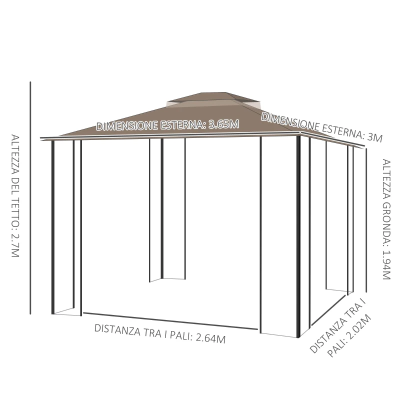Outsunny Gazebo da Giardino con Zanzariera, Doppio Tetto e Struttura Metallo, 3.7x3m Marrone e Beige