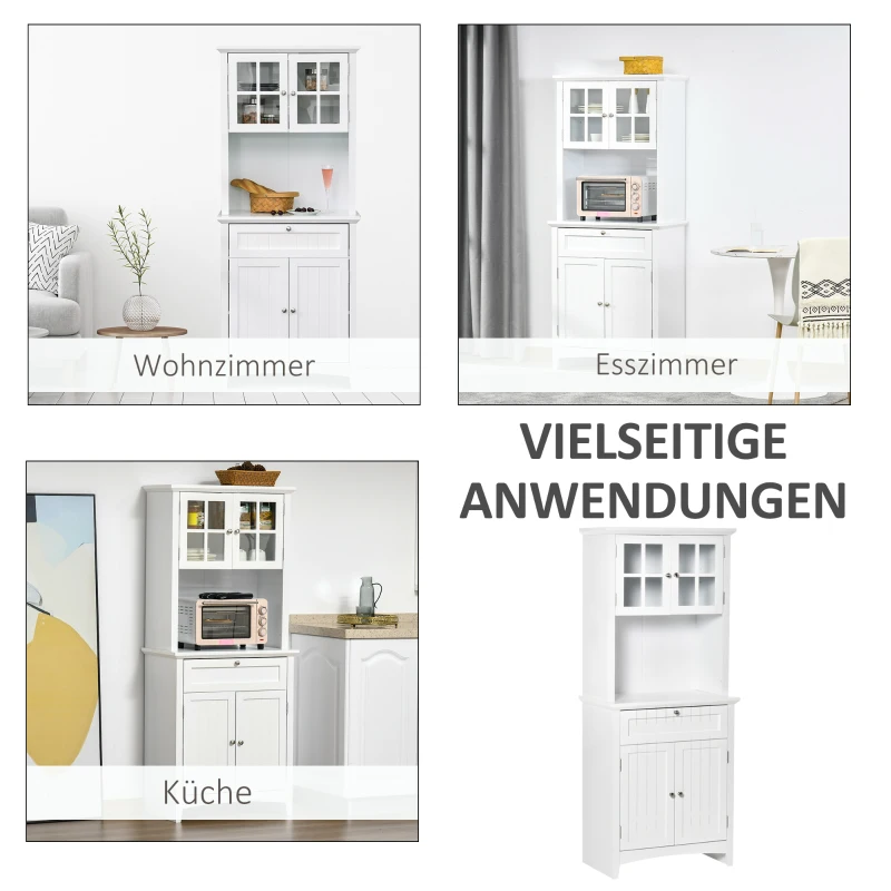 HOMCOM Hochschrank Küchenschrank Sideboard Vitrinenschrank Kommode mit Schublade Glastüren vielem Stauraum für Küche Wohnzimmer MDF Weiß 68,6 x 40 x 164 cm