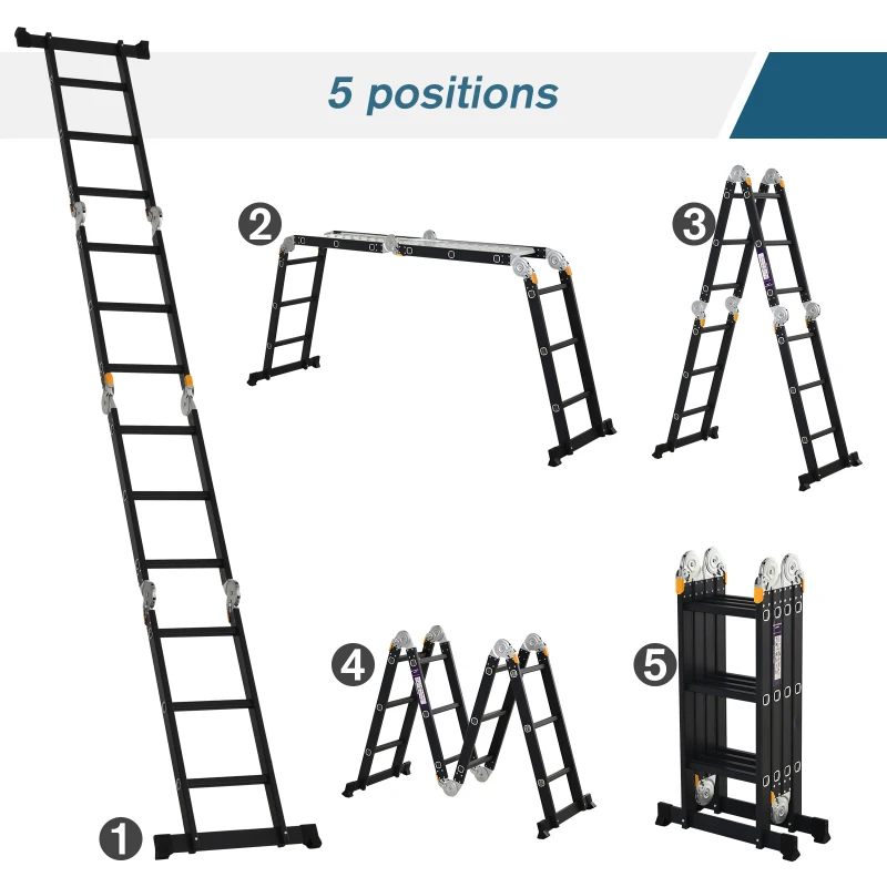 HOMCOM Echelle aluminium pliable multifonction 5 positions 3,7 m 12 échelons certification NF EN131 charge max. 150 Kg noir