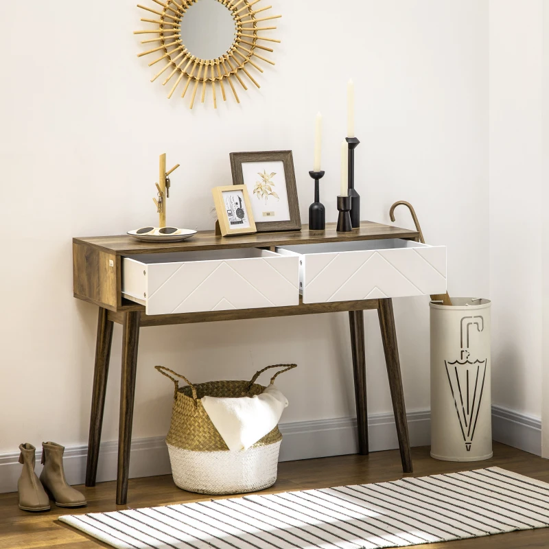 HOMCOM Tavolo Consolle da Ingresso e Soggiorno con 2 Cassetti Bianchi, Piano d'appoggio e Gambe in Legno, 100x35x75cm