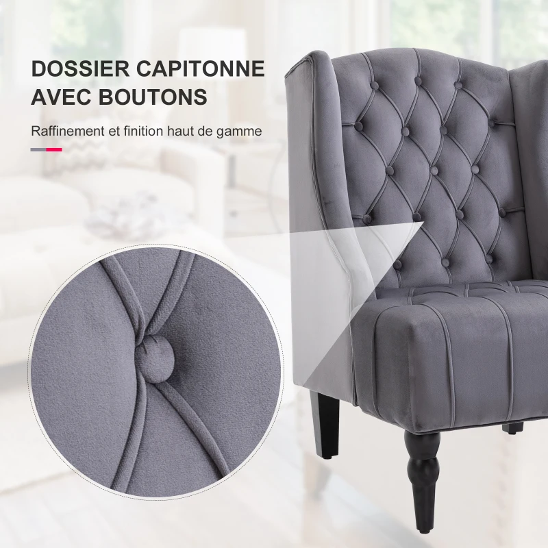 HOMCOM Fauteuil Chesterfield Grand Confort Dossier Assise capitonné avec Boutons Velours Gris