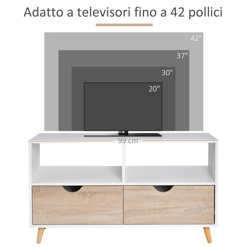 HOMCOM Mobiletto Porta TV in Legno con Design Moderno, 2 Cassetti e 2 Ripiani, Bianco e Color Legno, 99x39x58cm
