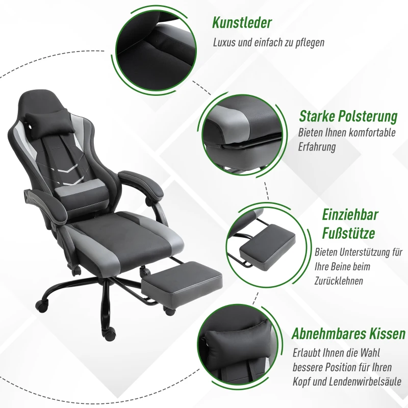 Vinsetto Ergonomischer Gaming Stuhl Bürostuhl Schreibtischstuhl, Drehstuhl Höhenverstellbar, Verstellbares Lendenkissen mit Fußstützen Schwarz 62x52x128 cm