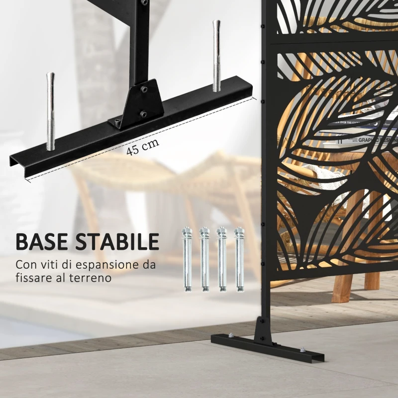 Outsunny Paravento da Esterno Decorativo in Acciaio Traforato con Design a Foglie, 122x198cm, Nero