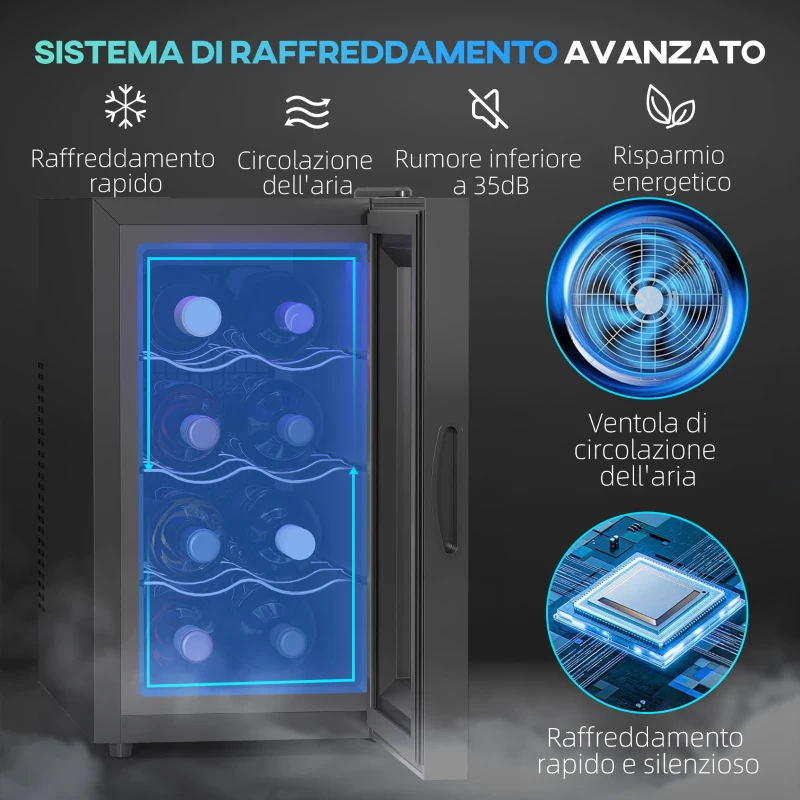 HOMCOM Cantinetta Vino Refrigerata per 8 Bottiglie, Capacità 21L, Display Touch e Ripiani Regolabili, Nero