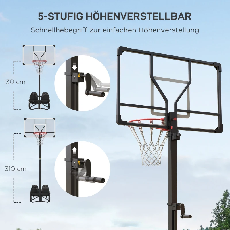 SPORTNOW Basketballständer, höhenverstellbar, Korbhöhe 130-310 cm, Schwarz