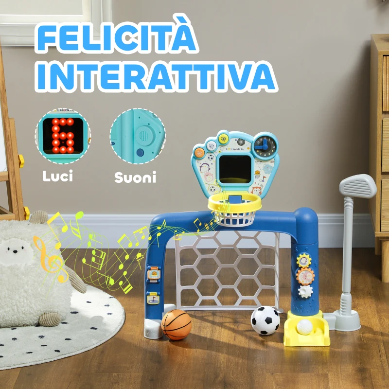 AIYAPLAY Gioco per Bambini con Rete da Calcio, Canestro Basket Regolabile e Buca da Golf, 54x38.8x60.4-68 cm